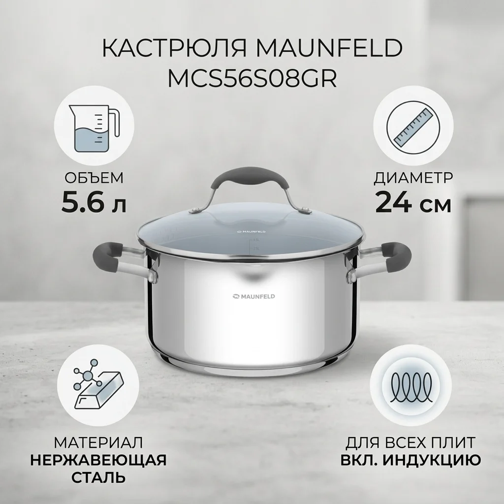 Кастрюля MAUNFELD LAURA MCS56S08GR из нержавеющей стали со стеклянной крышкой, 24 см, 5,6 л.